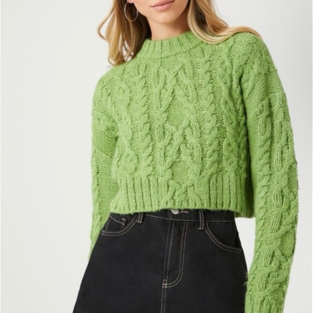Forever 21 Women's Cable Knit Drop-Sleeve Sweater in Green Haze - XS